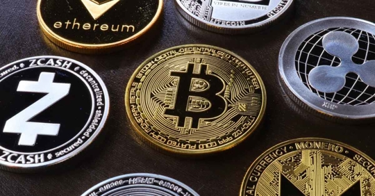 Physical manifestations of various cryptocurrencies, including Bitcoin and Etherium